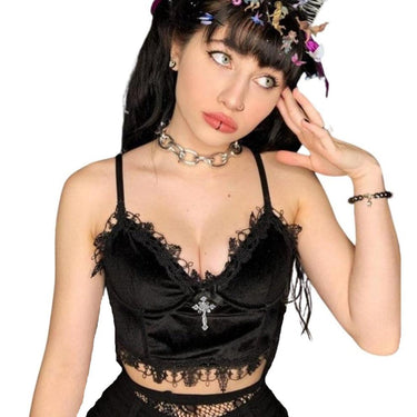 Gothic Velvet Camisole - with Lace, Ribbon and Crucifix Details Vintage - Ideal for Gothic Style Rock Punk Emo styling from NSE Imports #1.